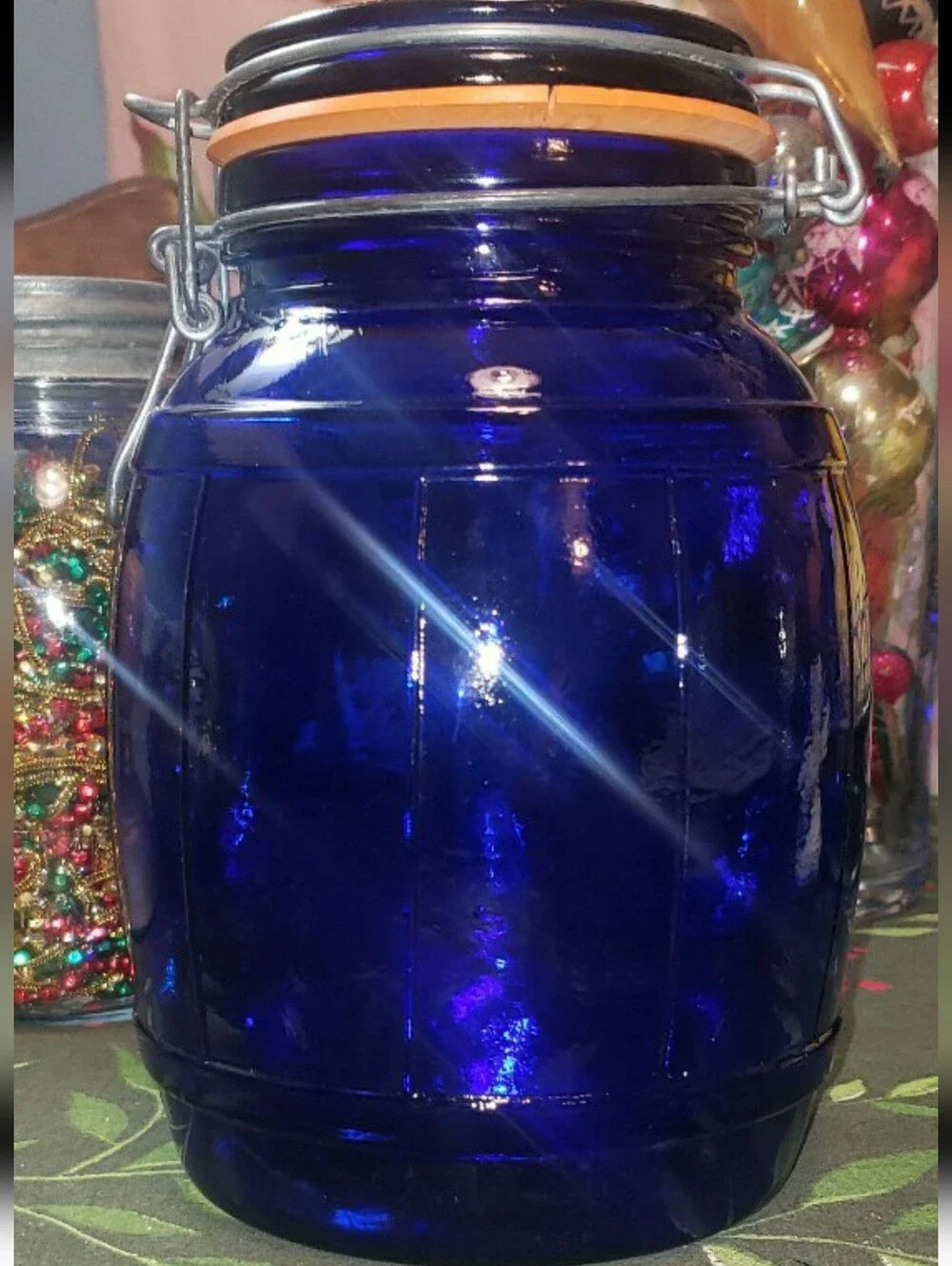 Vintage Barrel Shaped Cobalt Blue Wire Bail Top Glass Jar